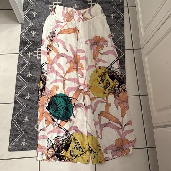 Anthropologie Pia Binazzi Graphic Floral Marine Life Wide Leg Palazzo Pants - Picture 4 of 10